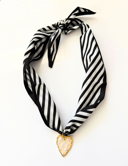 Black Tie Pearl Heart Scarf Necklace